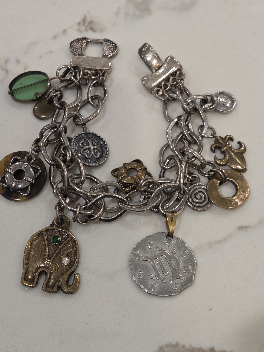 Two-Tone Charm Bracelet with Elephant and Zodiac Charms Green & Bronze Accents